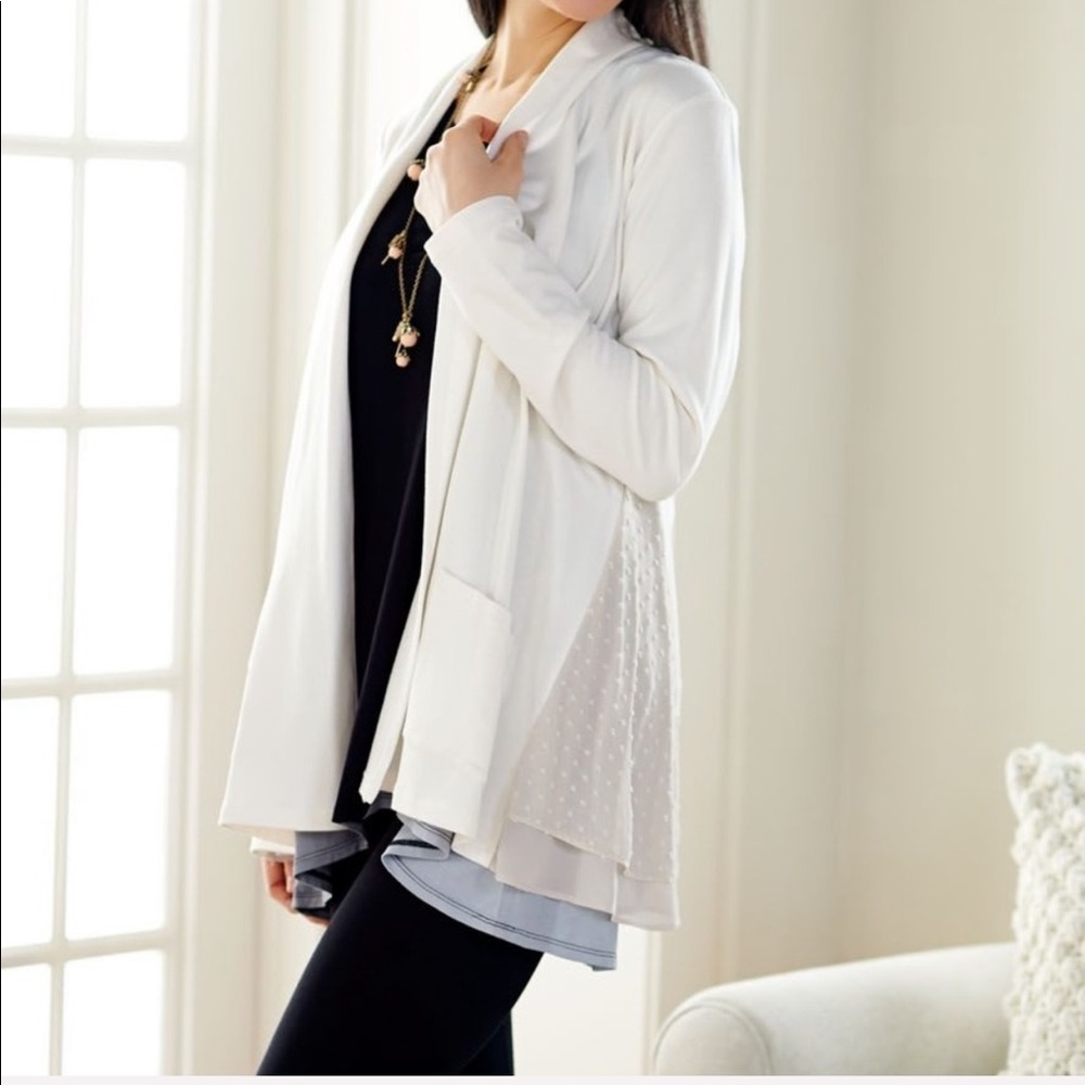 Logo by Lori Goldstein 1X Swiss dot open cardigan